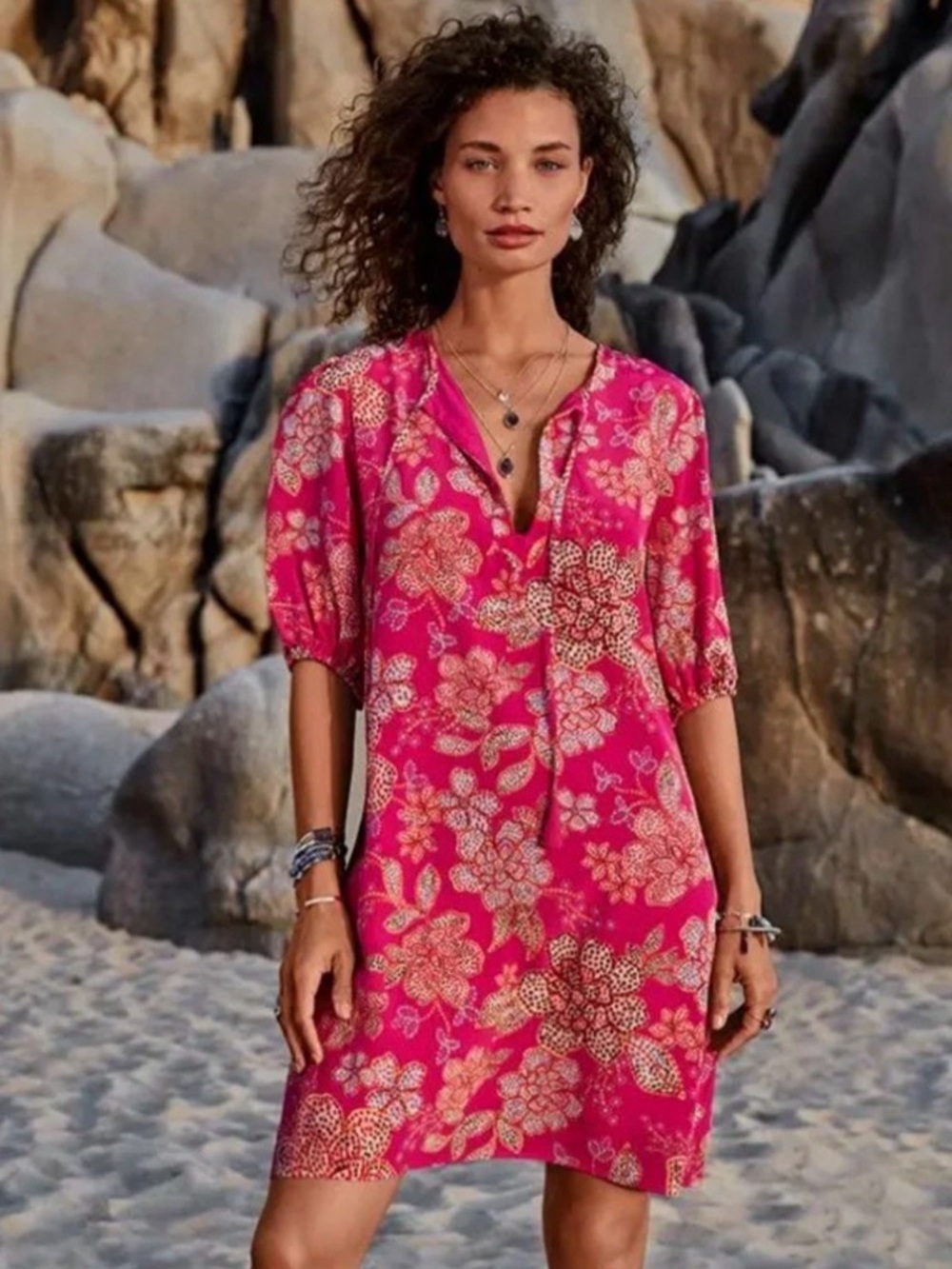 Johnny Was NWOT Vesna Pink Floral Silk Tunic Dress with Split Neck Lined Boho